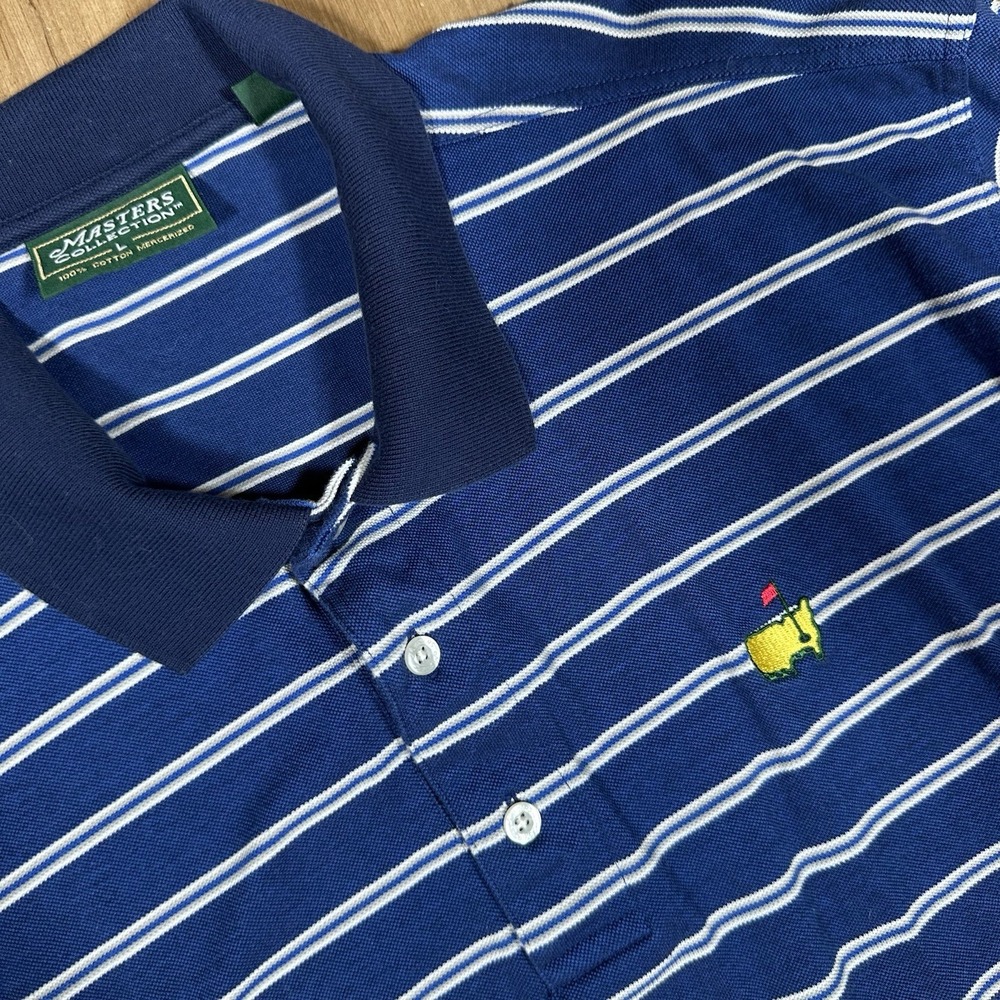 Masters Collection Mens Size L Blue & White Striped Polo Golf Shirt Short Sleeve